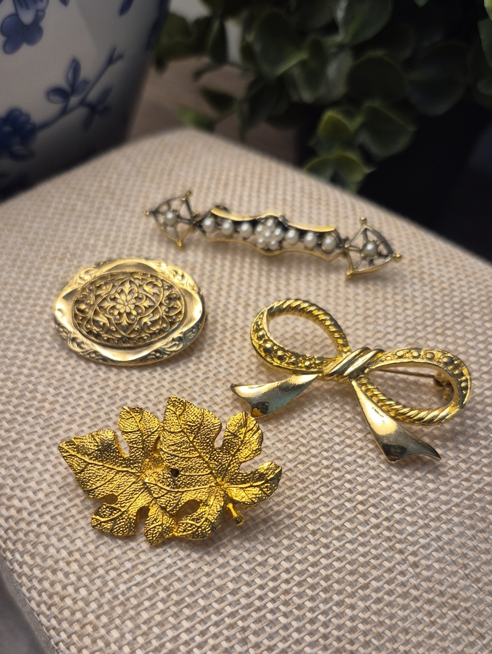Vintage Gold Tone Leaf, Bow, Bar and Filigree Brooch Bundle Victorian Revival